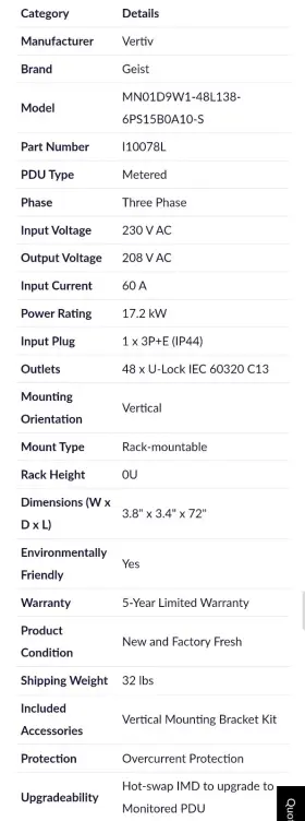 Geist Mn01d9w1-48l138-6ps15b0a10-s Vertiv Mno1d9w1-48l138-6ps15b0a10-s Pdu I10078l Ou Vertical Rack Mountable Geist Mn01d9w1-48l138-6ps15b0a10-s Vertiv Mno1d9w1-48l138-6ps15b0a10-s Pdu I10078l Ou Vertical Rack Mountable
